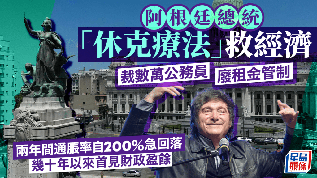 阿根廷總統「休克療法」救經濟 裁數萬公務員 兩年間通脹率自200%急回落 首見盈餘