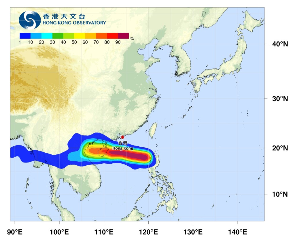 天文台預測香港風力加強。熱帶氣旋路徑概率預報