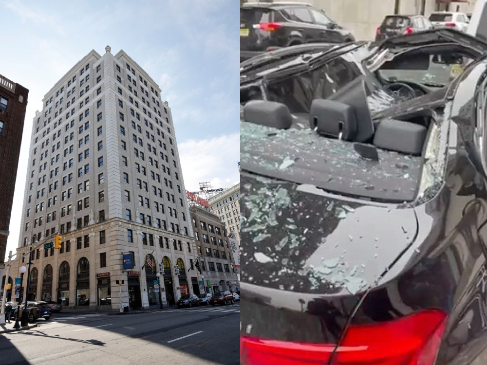 美國男子從中廈9樓墮下，壓毀一輛私家車。 （網上圖片）