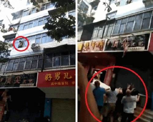 內地一位機警母親大火中將兩個孩子從五樓窗口拋下,讓群眾用被單接下。