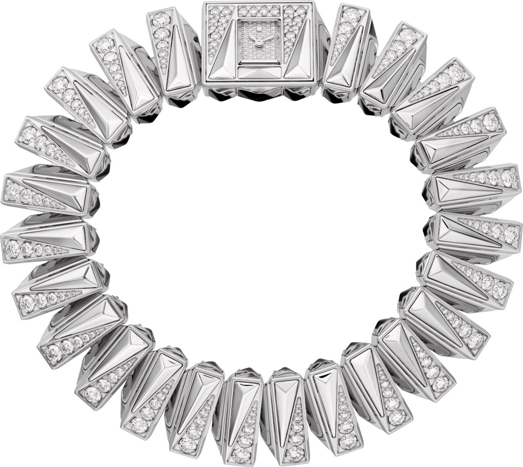 Cartier Libre腕表，鍍銠白色黃金材質，搭載石英機芯，表殼及表鏈鑲嵌465顆圓形明亮式切割鑽石（8.23卡）及54顆黑色尖晶石。（個別定價）