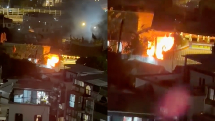 屯門鳳山寺失火傳爆炸聲 疑衣紙起火引起 無人受傷。網上影片截圖
