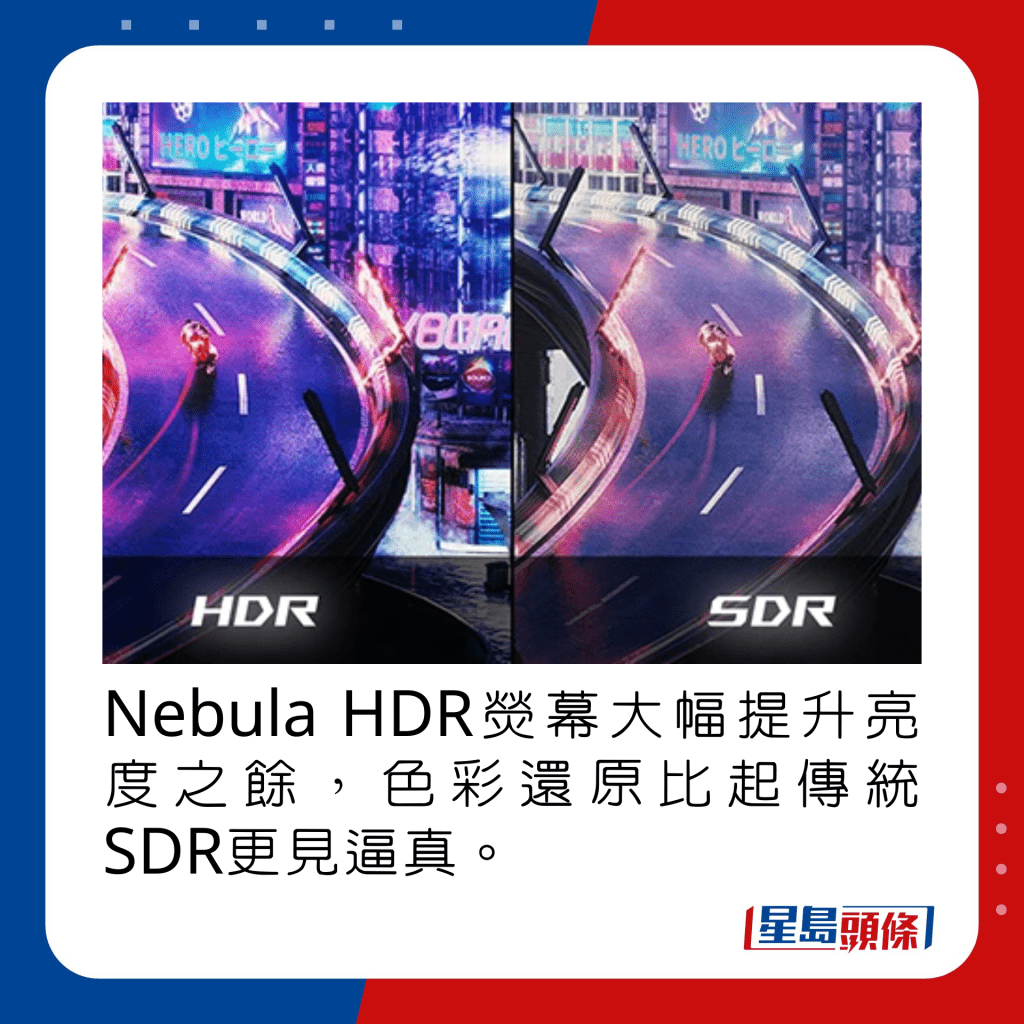 Nebula HDR熒幕大幅提升亮度之餘，色彩還原亦更見逼真。