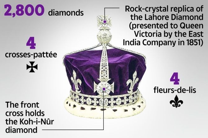 皇冠由鉑金製作而成，其正面的十字架上鑲嵌著曾是全球最大顆、逾100卡的印度鑽石「光之山（Koh-i-Noor）」。太陽報