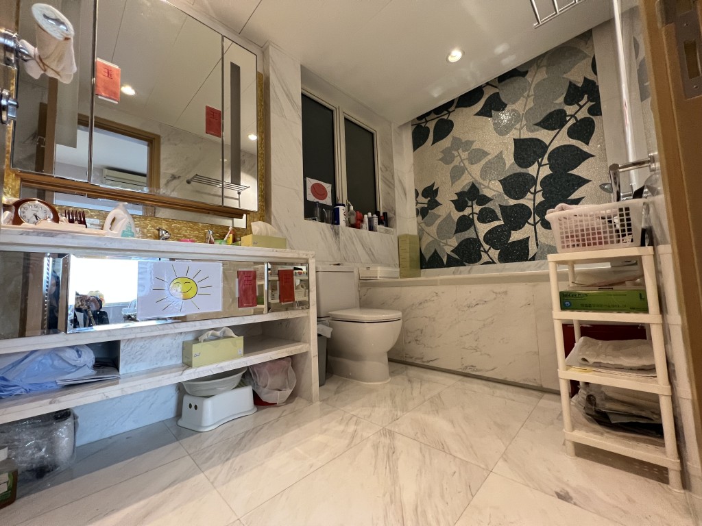 浴室采明厕设计，并贴墙设置长形浴缸。