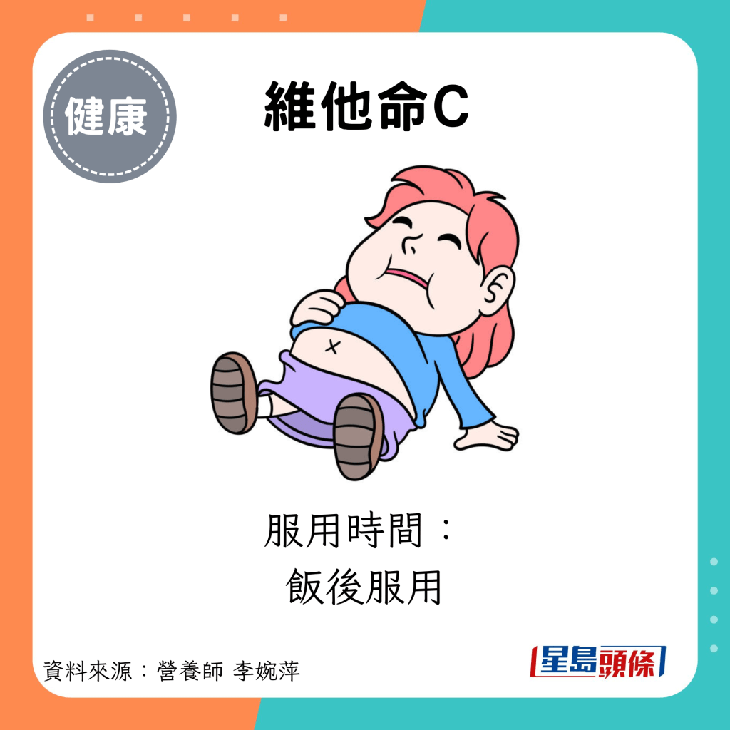 維他命C：服用時間： 飯後服用