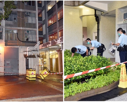 順天邨事發現場（左）；警方到沙田坳邨調查（右）。