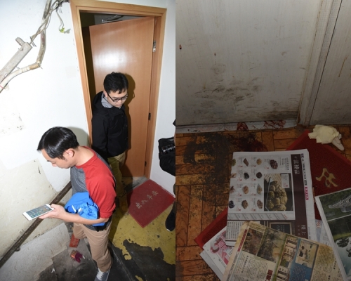 事發劏房遺下血鞋印,人員到場調查。