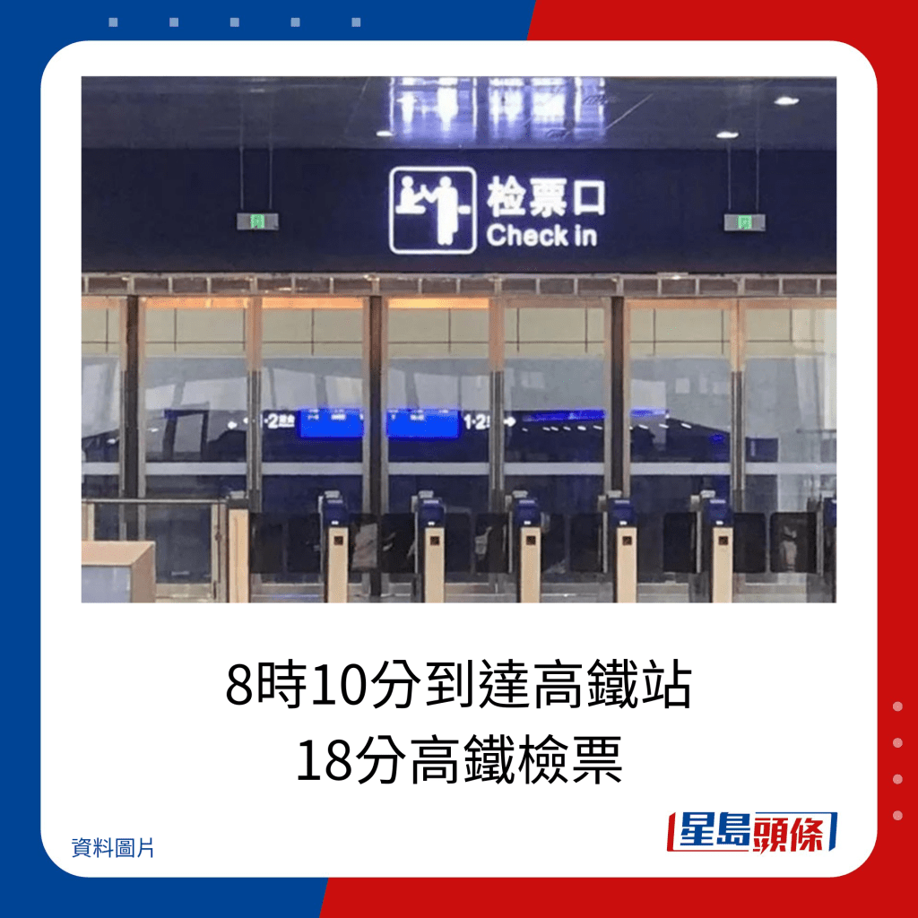 8時10分到達高鐵站 ，18分高鐵檢票。