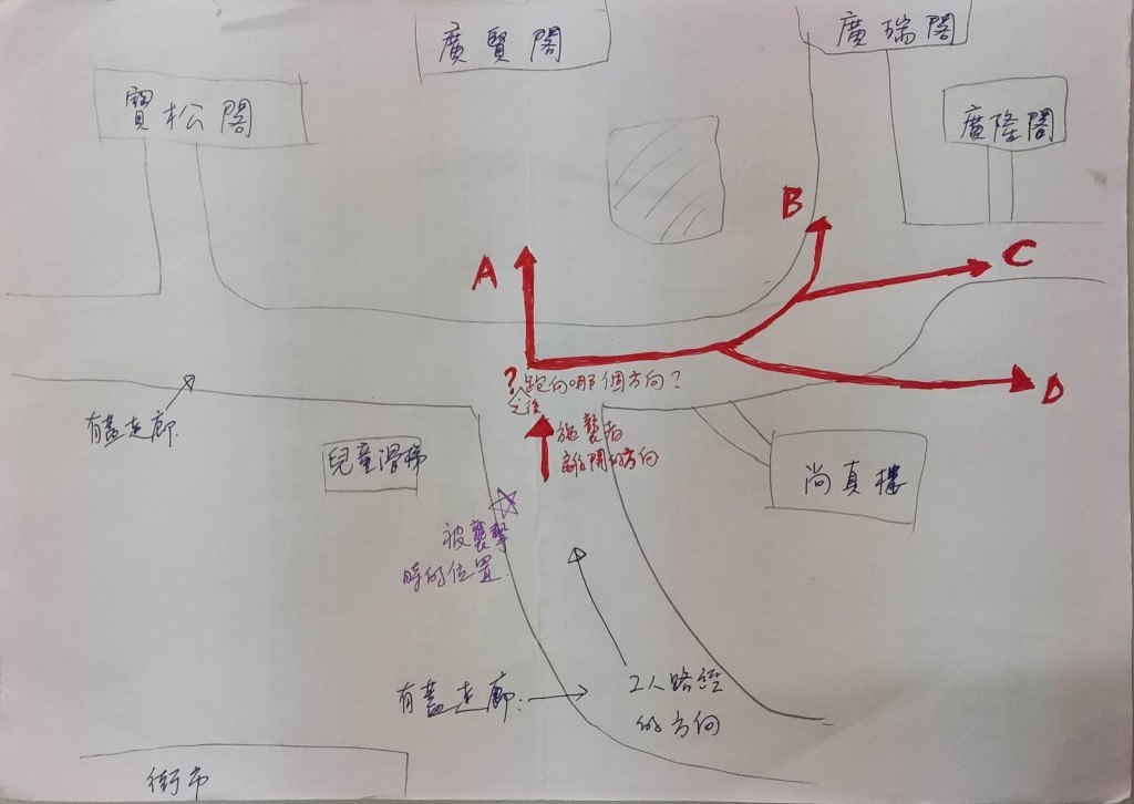 張太提供疑兇當日可能逃走方向，呼籲街坊提供消息。FB：將軍澳主場