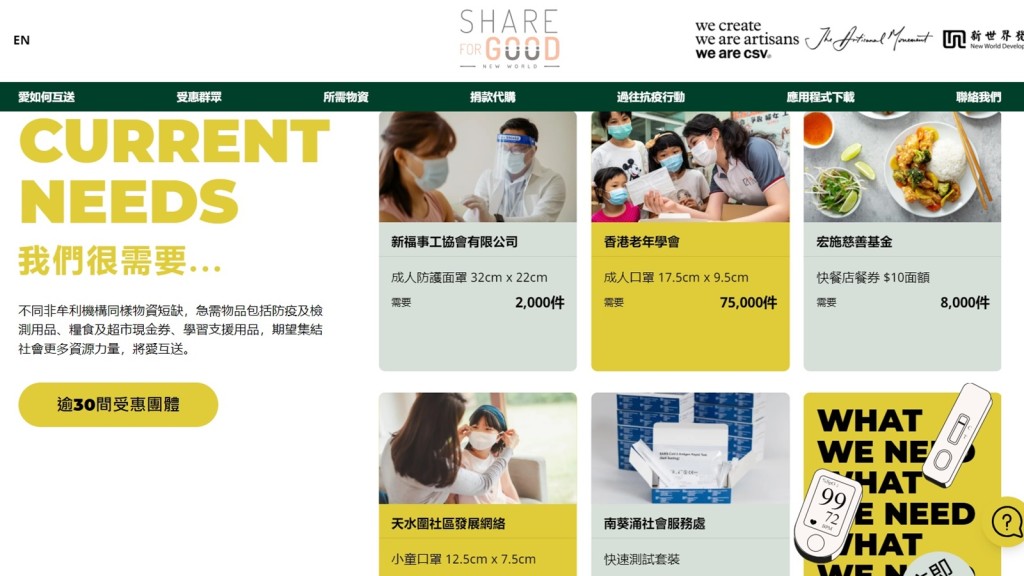網頁列出13項最為殷切的物資清單。網上截圖