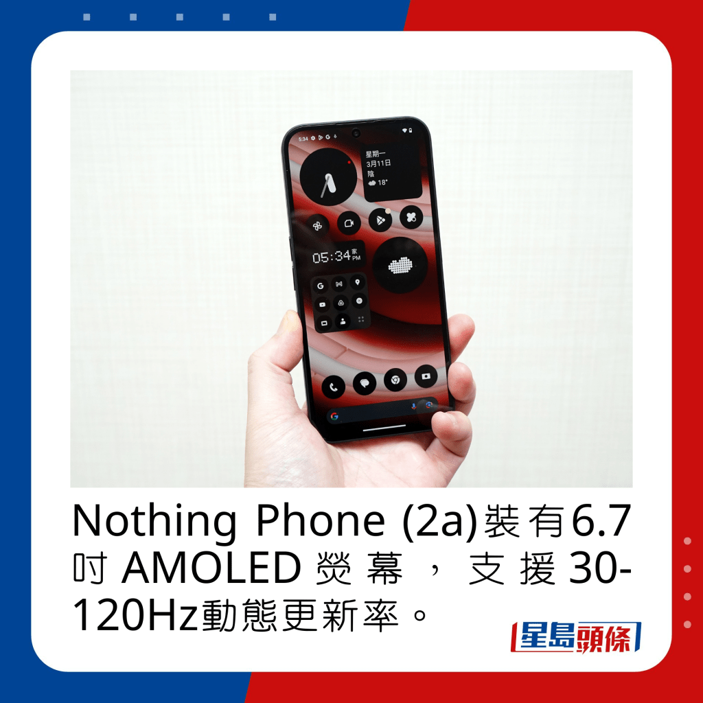 Nothing Phone (2a)装有6.7寸AMOLED荧幕，支援30-120Hz动态更新率，画质媲美Nothing Phone (2)。