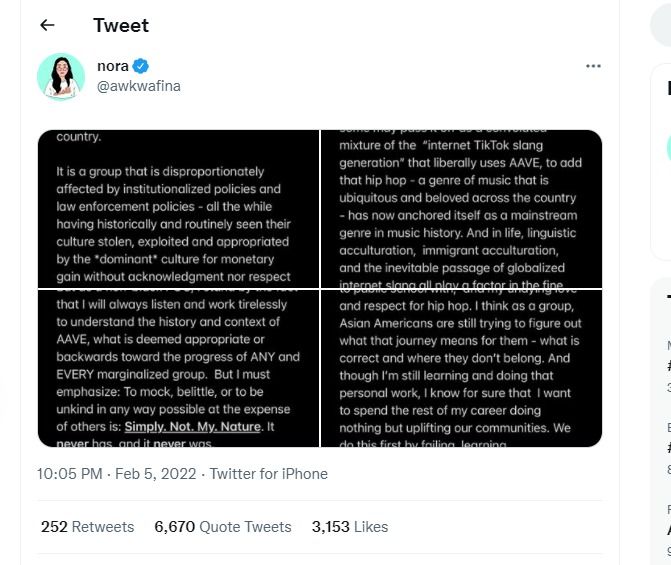 Awkwafina在社交網上載長文。