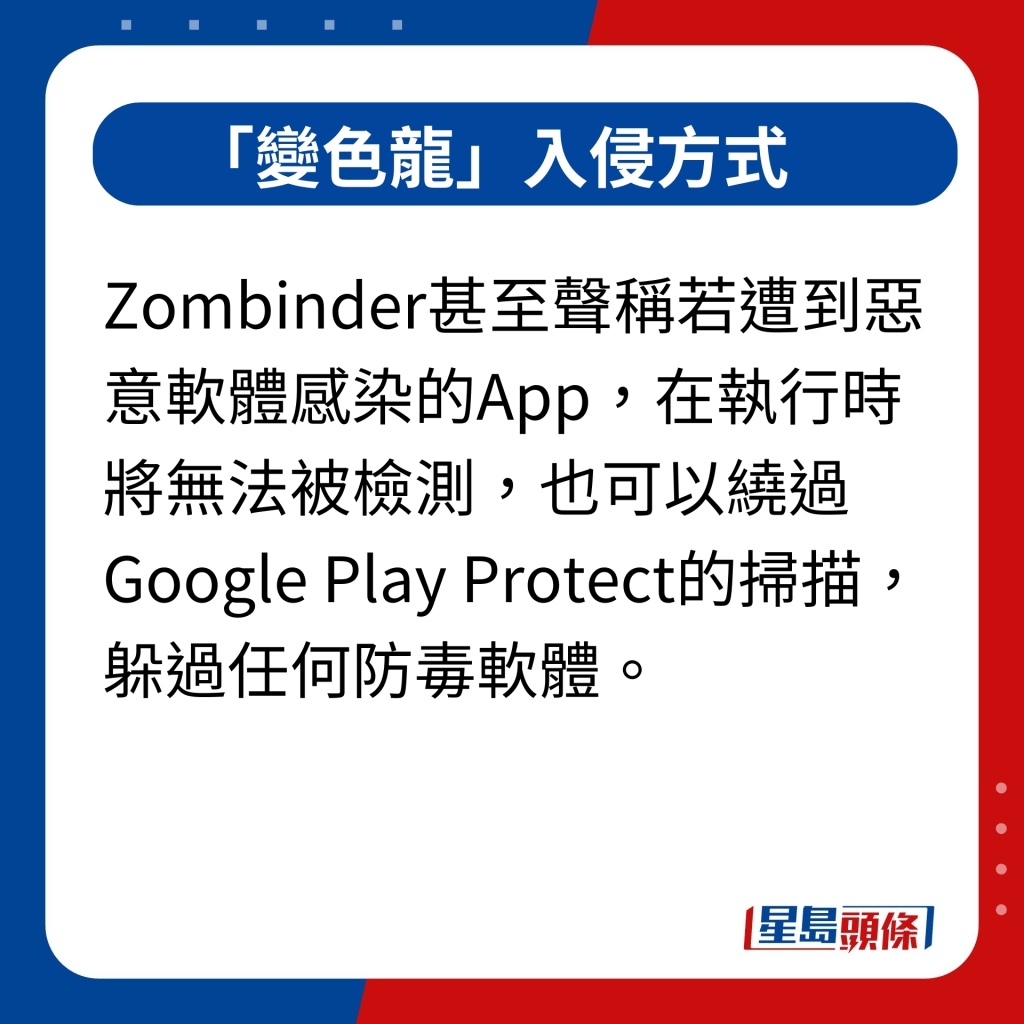 「變色龍」入侵方式｜Zombinder甚至聲稱若遭到惡意軟體感染的App，在執行時將無法被檢測，也可以繞過Google Play Protect的掃描，躲過任何防毒軟體。