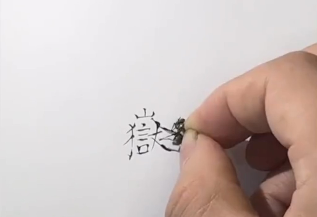 男子挑戰用「奇葩工具」寫書法。新京報 男子挑戰用「奇葩工具」寫書法。新京報