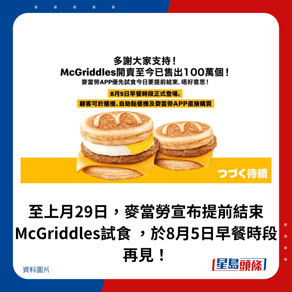 至上月29日，麦当劳宣布提前结束McGriddles试食 ，于8月5日早餐时段再见！