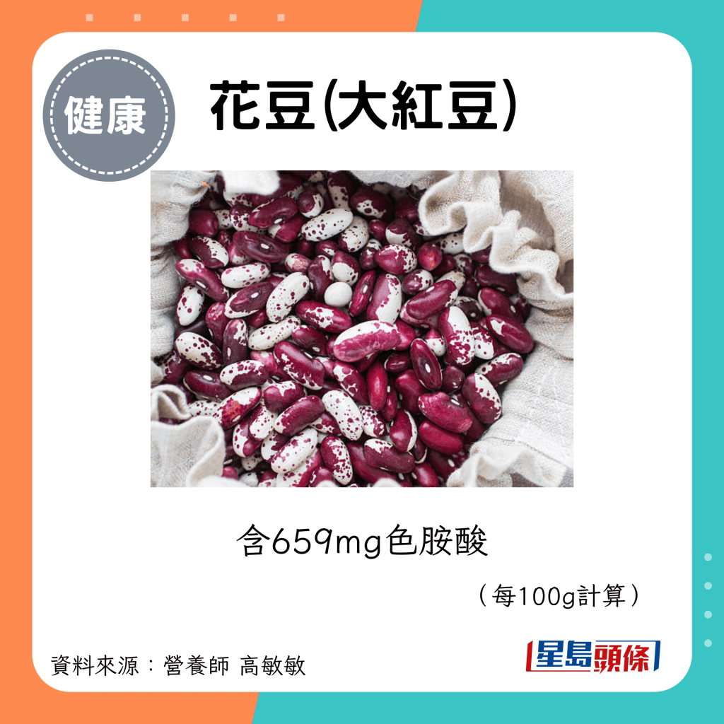 花豆(大紅豆)：含659mg色胺酸 （每100g計算）