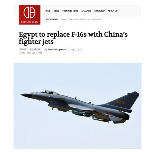 媒體報道埃及確定購賣中國殲-10C取代現役美國F-16。