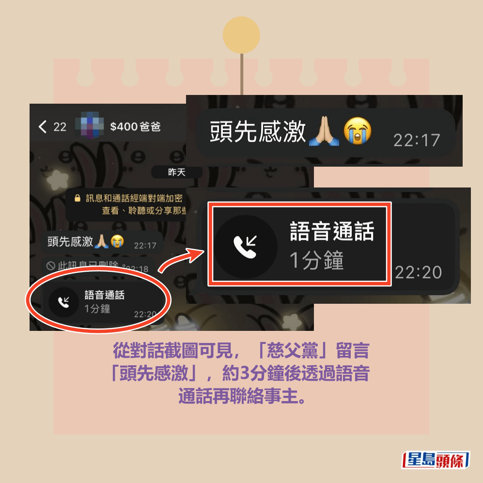 從對話截圖可見，「慈父黨」留言 「頭先感激」，約3分鐘後透過語音 通話再聯絡事主。