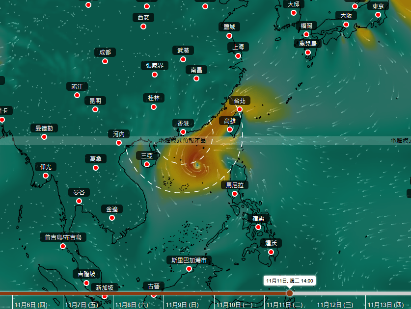 AI模型「伏羲」預測現時位於關島以南熱帶氣旋未來行走路徑。天文台擷圖 AI模型「伏羲」預測現時位於關島以南熱帶氣旋未來行走路徑。天文台擷圖