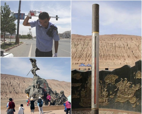 圖右，火焰山景區內的「定海神針」顯示，當地溫度達70度。左上是新疆交警用水澆頭降溫。網圖