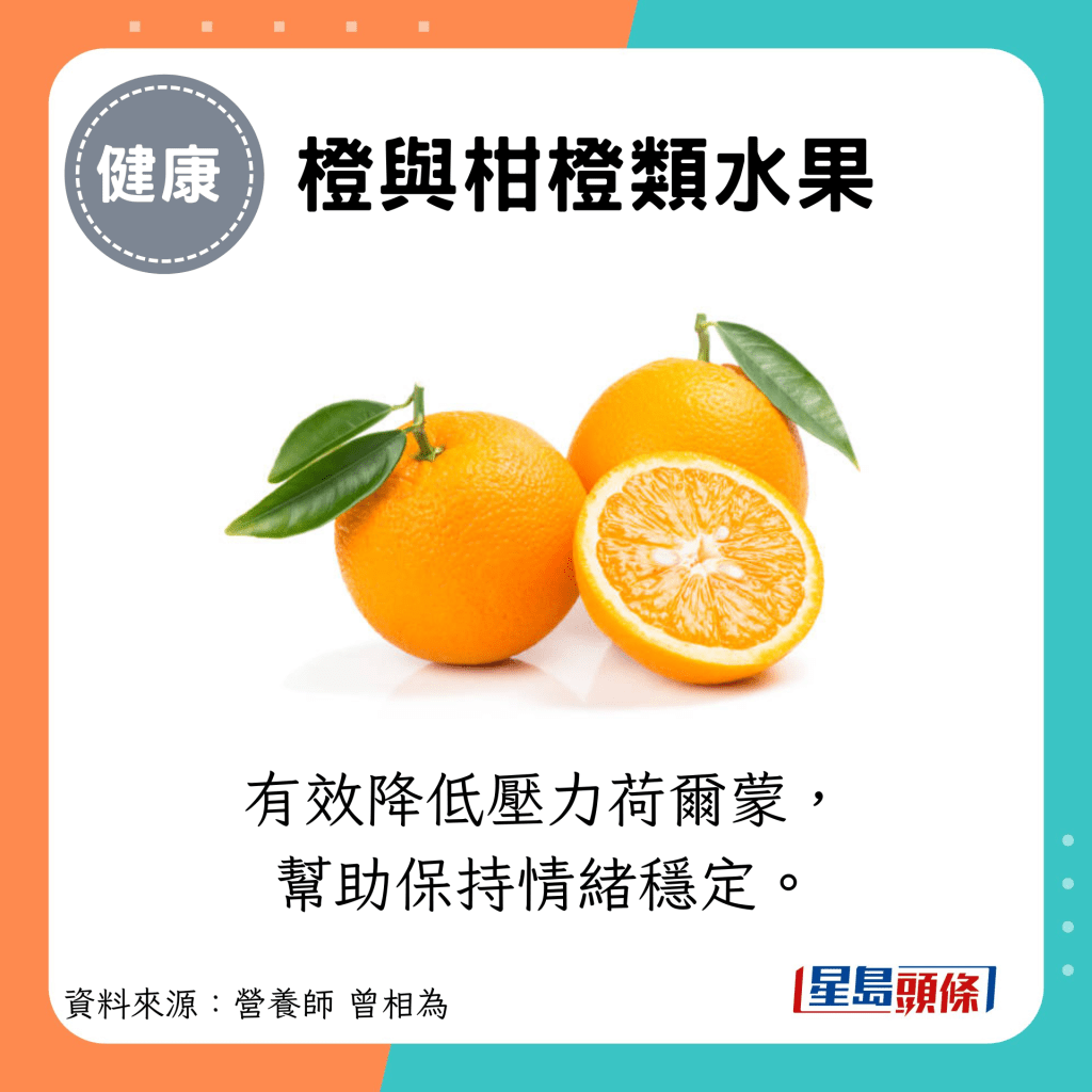 橙與柑橙類水果：有效降低壓力荷爾蒙， 幫助保持情緒穩定。