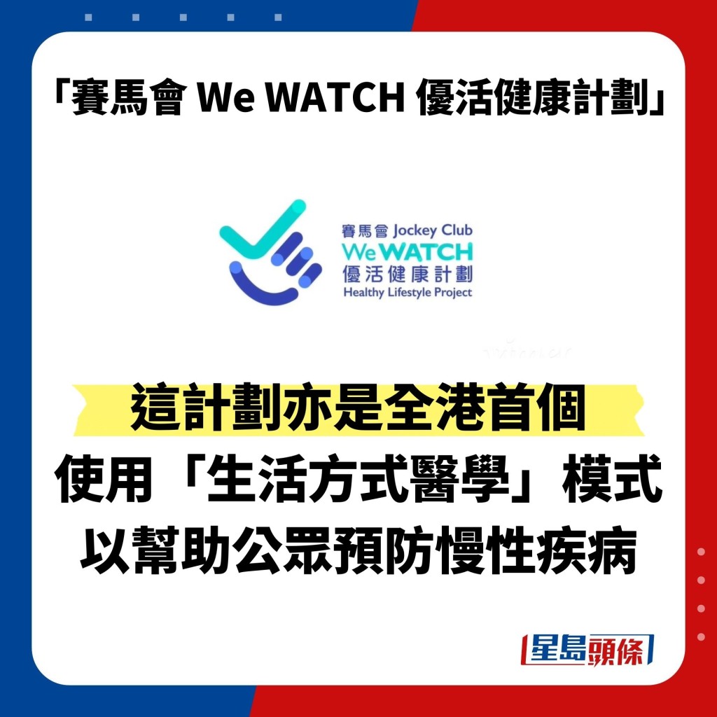 這計劃亦是全港首個使用「生活方式醫學」模式，以幫助公眾預防慢性疾病的公共衛生項目。