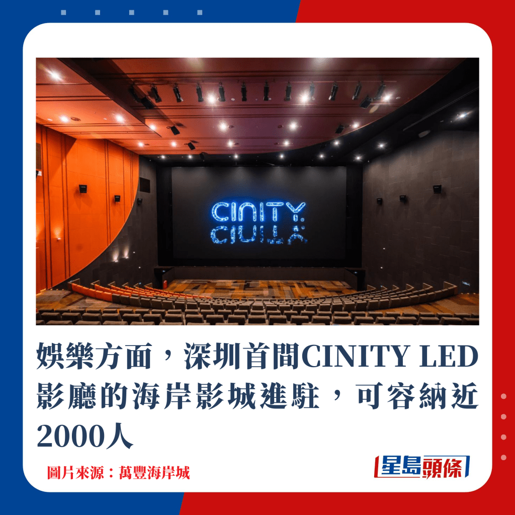 娛樂方面，深圳首間CINITY LED影廳的海岸影城進駐，可容納近2000人