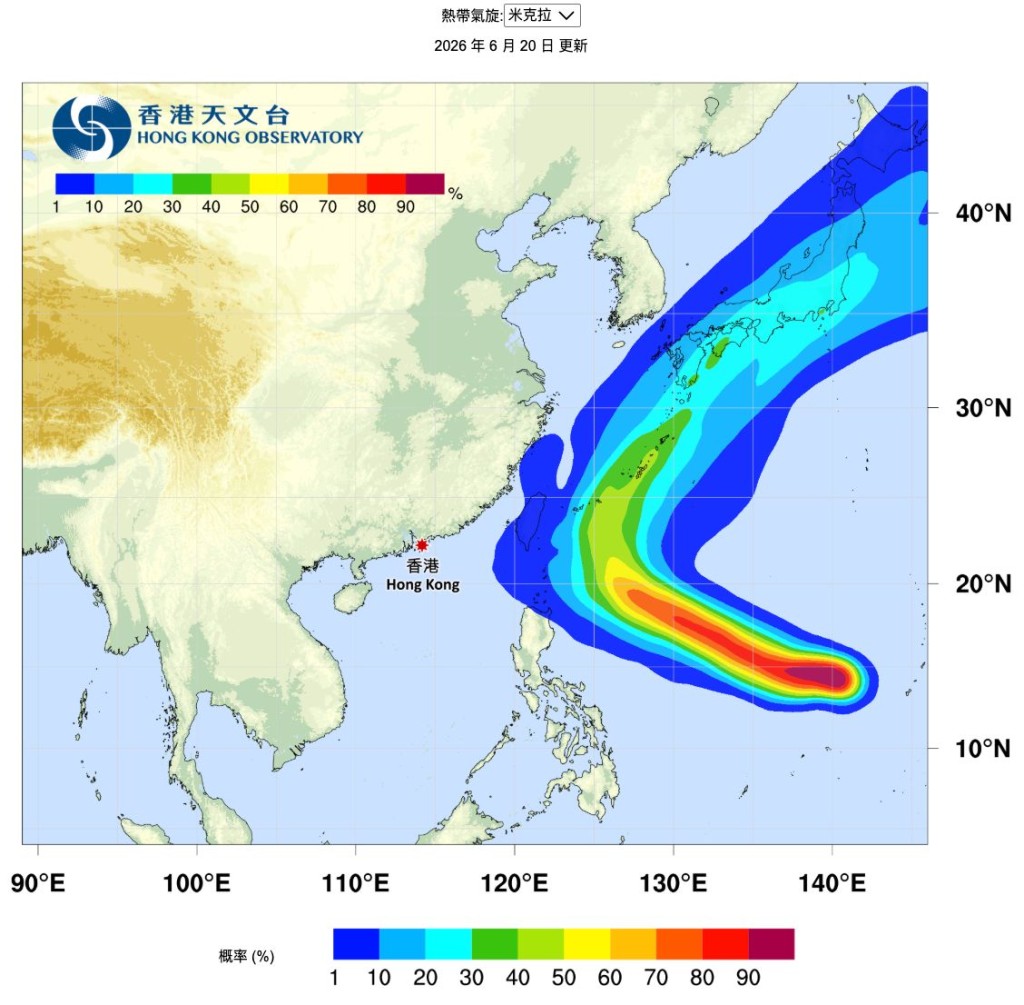 熱帶風暴「米克拉」正移向菲律賓以東海域並會繼續增強。（天文台截圖）