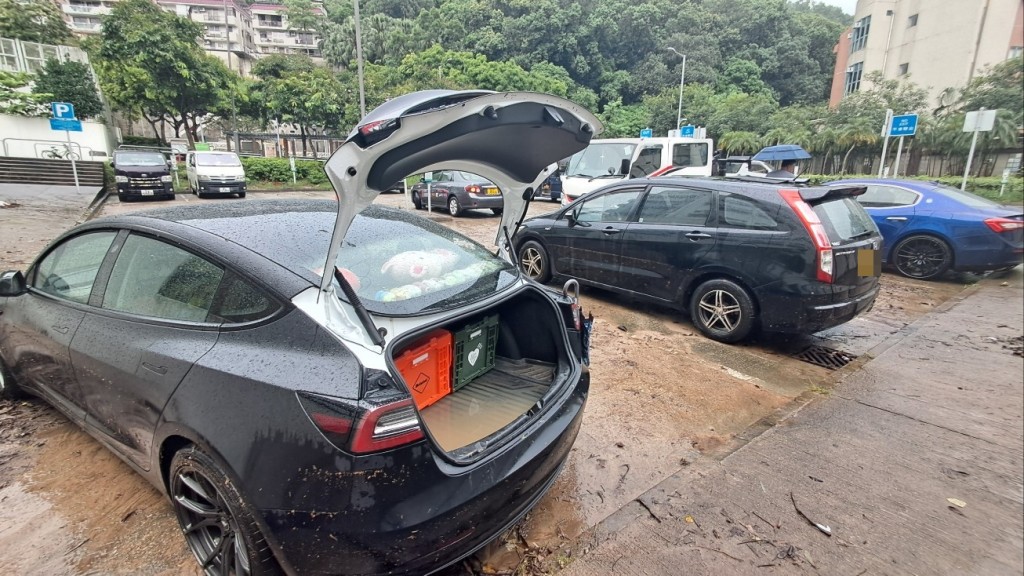 多輛私家車被水浸，滿佈泥濘。林思明攝