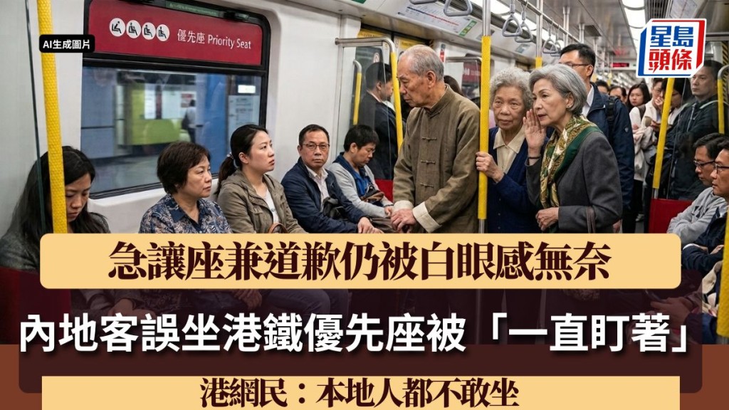 內地客誤坐港鐵優先座被「一直盯著」 急讓座兼道歉仍被白眼感無奈 港網民：本地人都不敢坐