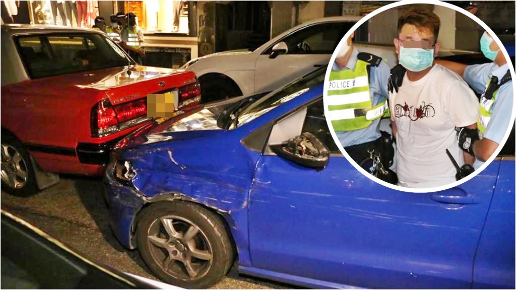涉案私家車撞向的士。小圖為被捕的23歲男司機。