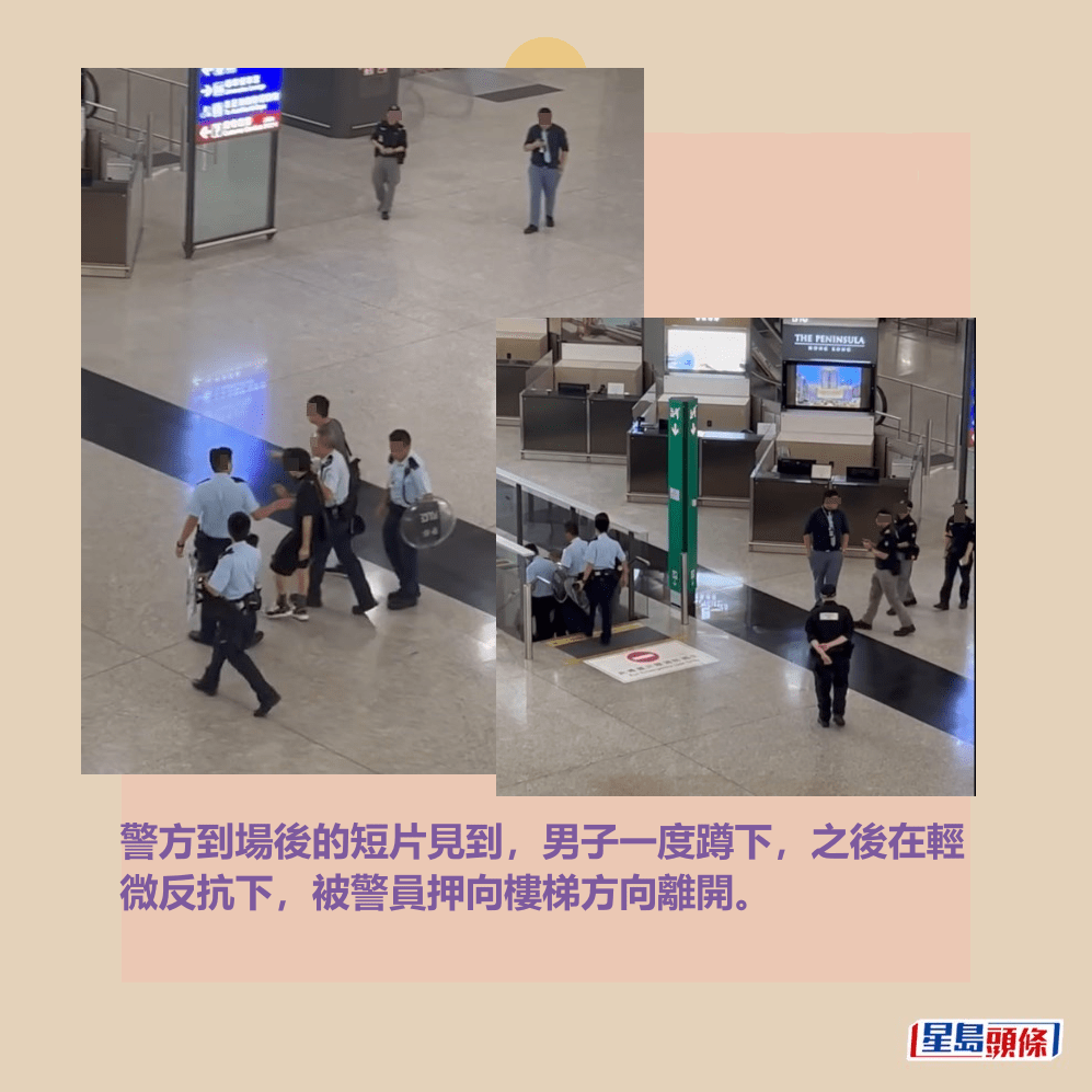 警方到場後的短片見到,男子一度蹲下,之後在輕 微反抗下,被警員押向樓梯方向離開。Threads截圖 警方到場後的短片見到,男子一度蹲下,之後在輕 微反抗下,被警員押向樓梯方向離開。Threads截圖