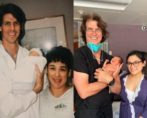 儿子与妈妈由同一位医生接生，25年后再拍下同款照片留念。(网图)