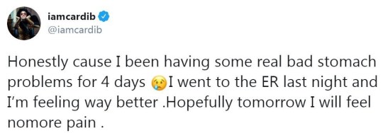 Cardi B前日於社交網自爆因身體不適而漏夜入急症室。