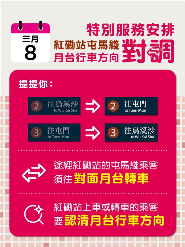 为配合屯马线红磡站至尖东站之间的路轨改道跟进工序，港铁公司将于本周日（8日）按计划实施第二次特别服务安排。