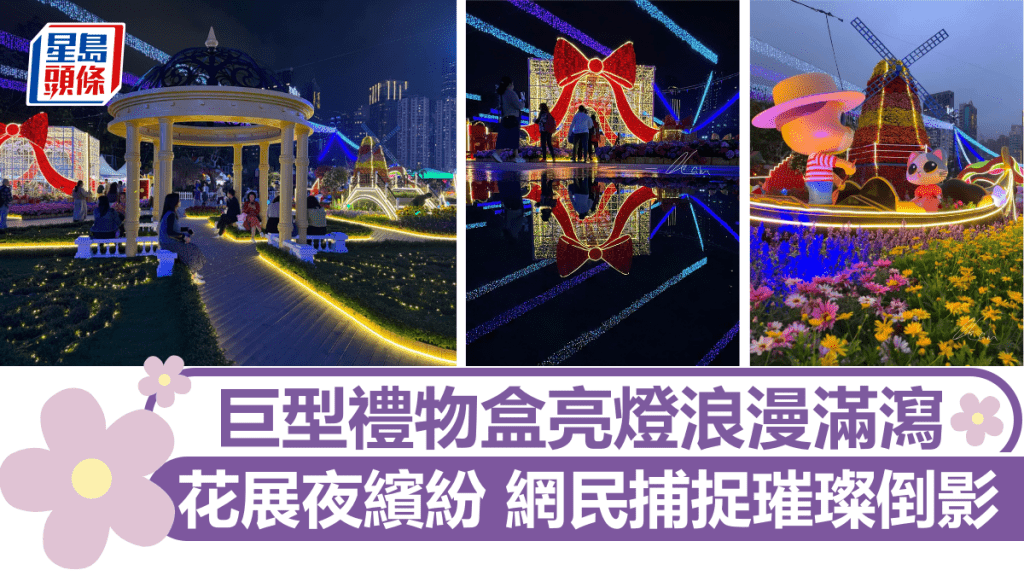 花展2025|花展夜繽紛 巨型禮物盒亮燈浪漫滿瀉 網民捕捉璀璨倒影