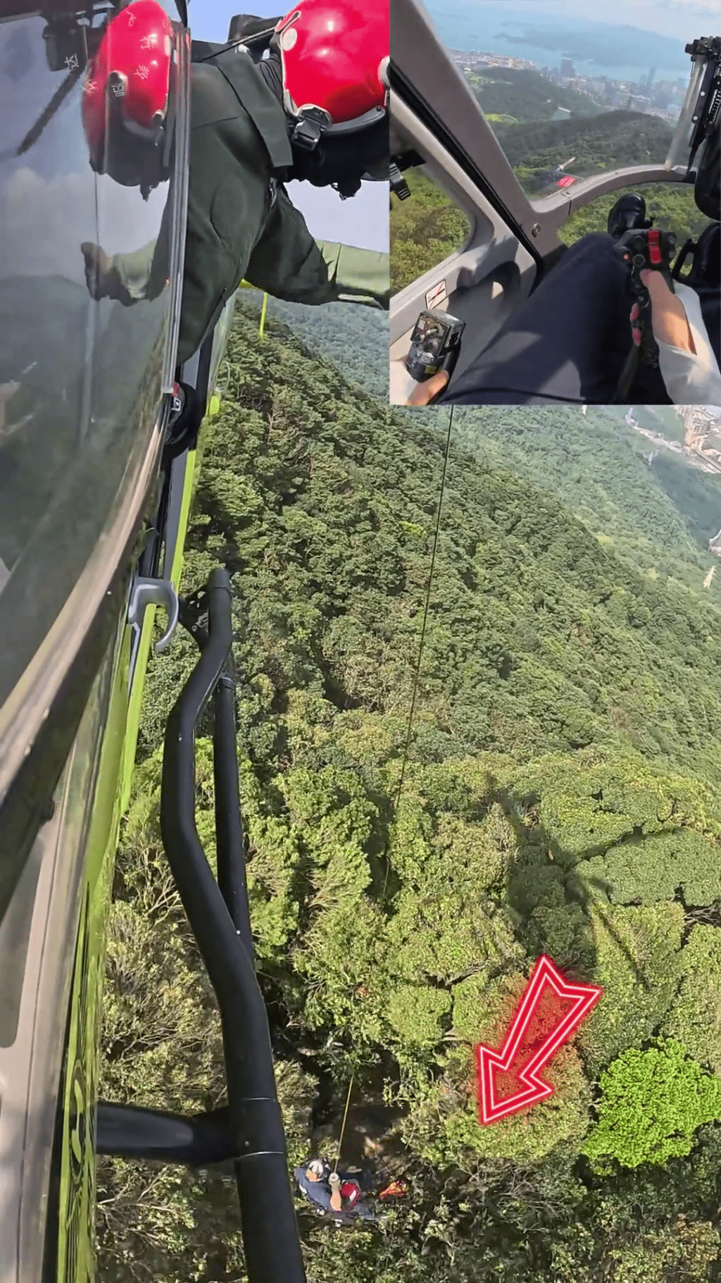 航空救援人員用吊索救人。 航空救援人員用吊索救人。