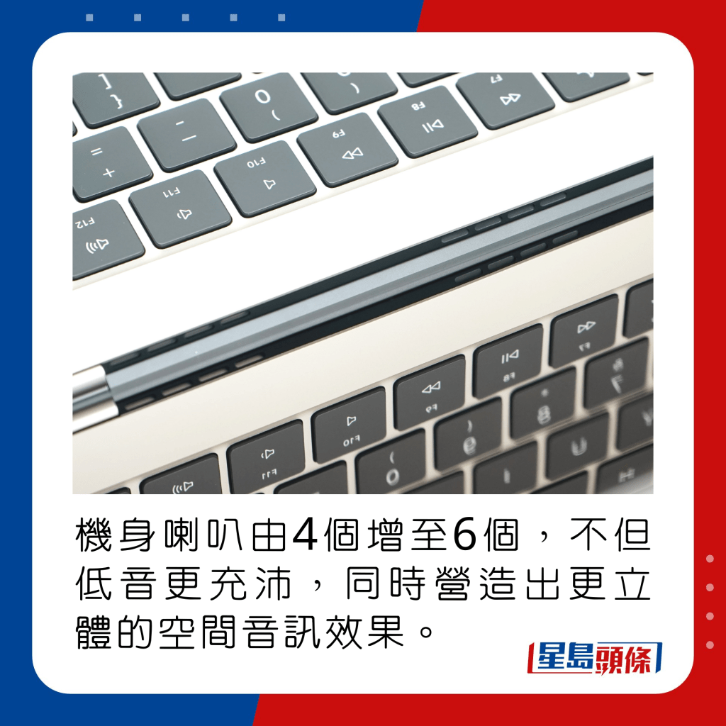 机身喇叭由4个增至6个，不但低音更充沛，同时营造出更立体的空间音讯效果。