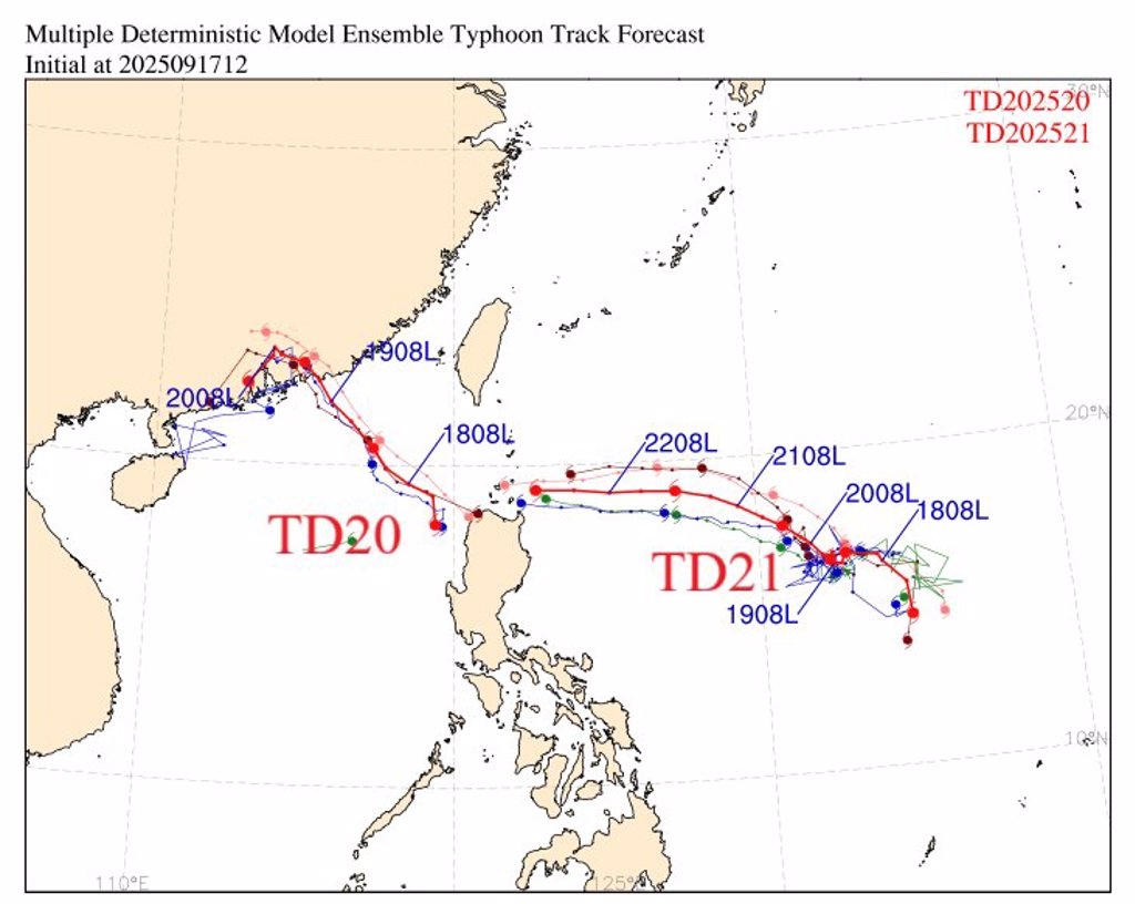 3低壓系統盤據海面，其中TD21襲台機會最高。台灣氣象學家鄭明典FB