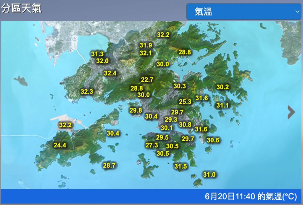 本港廣泛地區已錄得超過30度。（天文台截圖）