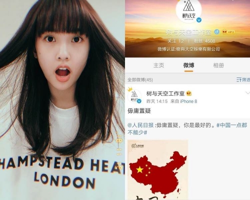 楊丞琳個人工作室的微博轉發「中國一點都不能少」圖文後，已急急刪除帖文。（微博圖片）