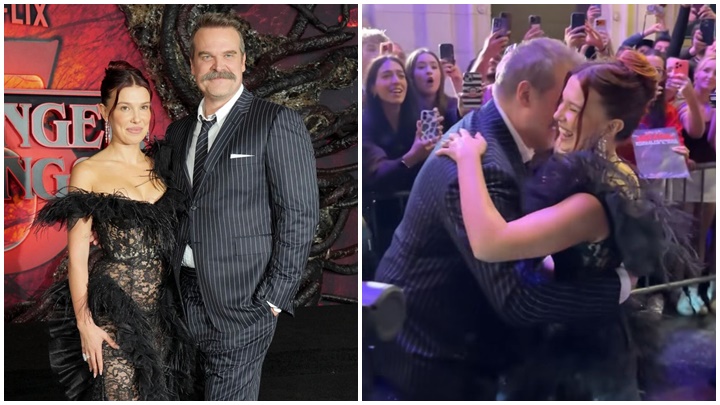 Millie被傳受劇中養父David欺凌及騷擾   首映禮主動擁抱對方粉碎不和 。