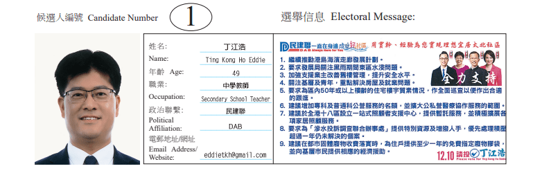 東區太北地方選區候選人1號丁江浩。