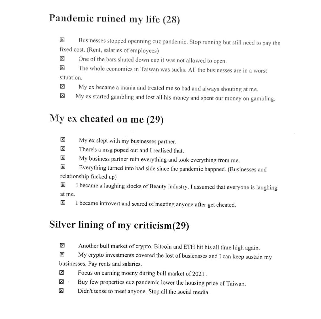 诈骗集团提供的聊天训练手册，中英文俱备以作诈骗人员参考，带出投资加密货币令其重获得新生。