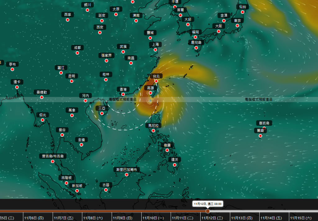 歐中AIFS預測現時位於關島以南熱帶氣旋未來行走路徑。天文台擷圖 歐中AIFS預測現時位於關島以南熱帶氣旋未來行走路徑。天文台擷圖