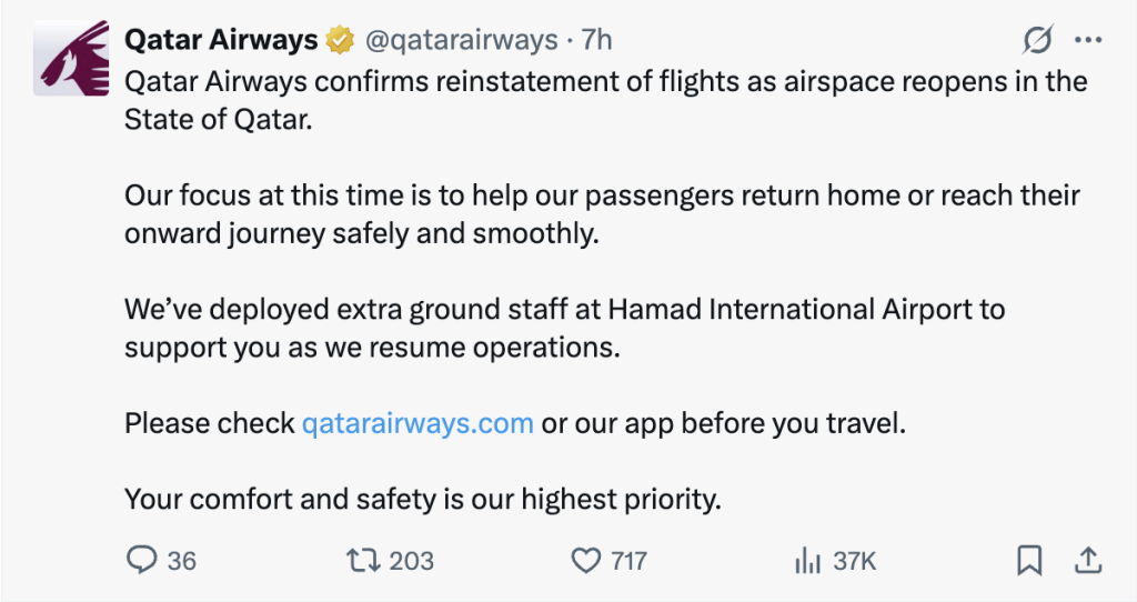 卡塔爾航空宣布恢復航班營運。 卡塔爾航空宣布恢復航班營運。