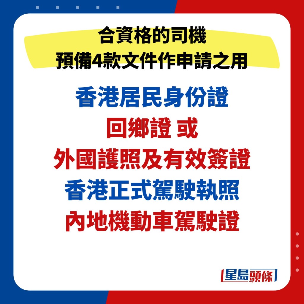 合資格的司機 預備4款文件作申請之用