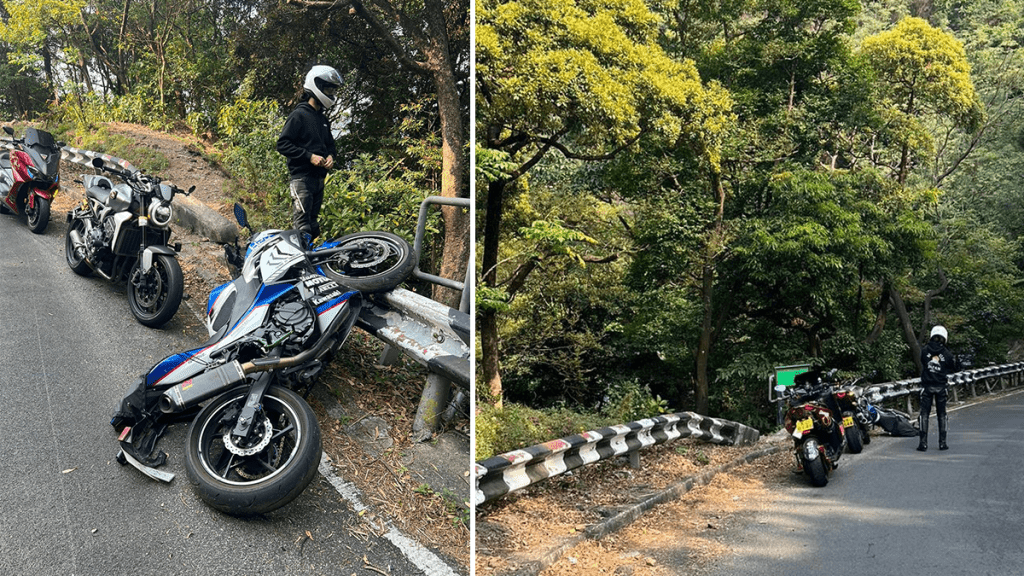 一輛電單車駛至八鄉荃錦公路彎位時失控撞向路邊防撞欄，鐵騎士應聲「飛」落山坡。網上圖片