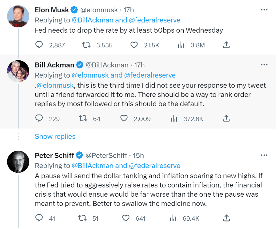 有關建議在Twitter發放，身為Twitter行政總裁的馬斯克亦回應，認為今次更加應該要減息0.5厘。